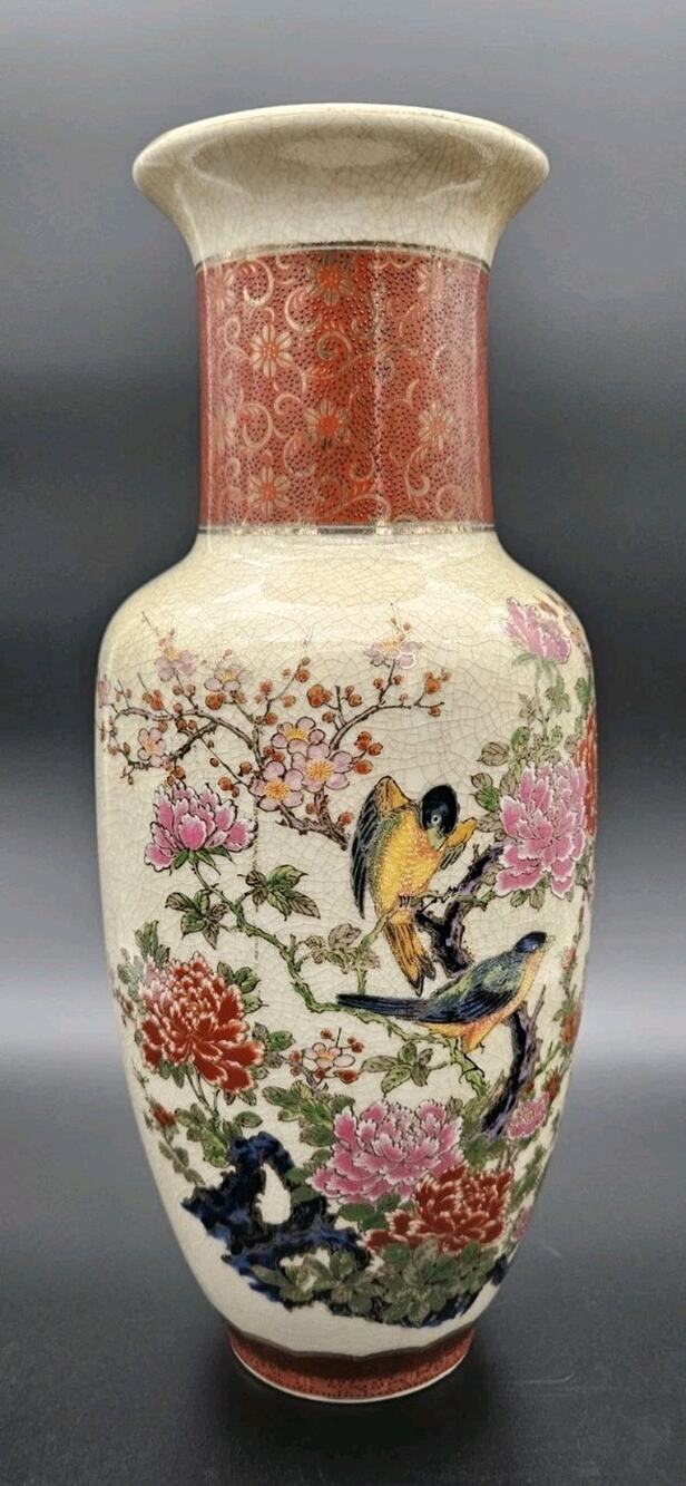 12" Satsuma Style Porcelain Vase Crackle Glaze Birds Flowers Red Gilt